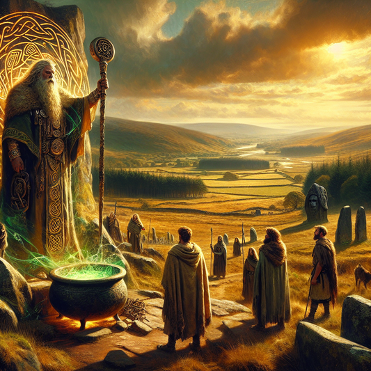 The Dagda, a large Celtic god holding a magical club and cauldron, stands heroically on a rock amid a lush ancient Irish landscape with glowing Celtic knotwork patterns in the background.