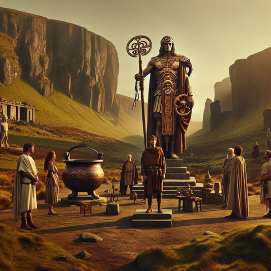 Artistic cinematic painting of the Dagda, chief Celtic god, holding his magic club and cauldron amidst misty Irish landscapes, styled like a 1960s Roman historical epic film.