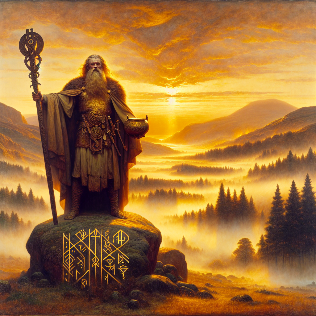 A robust bearded Dagda stands on a rocky outcrop in a misty Celtic landscape, holding a magical club and a never-empty cauldron, with Norse runes faintly visible in the surrounding mist, painted in a realistic cinematic style.