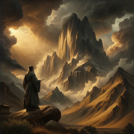 A majestic mountain enduring a stormy landscape, embodying stoicism, with a Roman philosopher in contemplative pose, inspired by the style of 1960s historical epics.