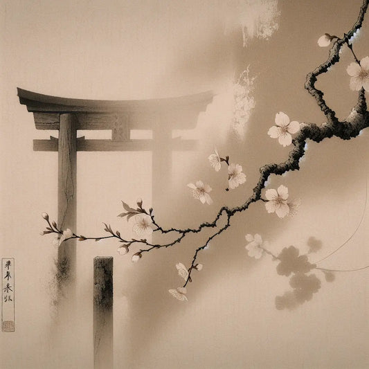 A delicate cherry blossom branch with soft pink flowers against a muted rice paper background, embodying serene and minimalistic traditional Japanese art.