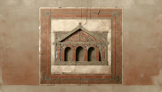 Relief mit germanischer Architektur und Details des Wikinger Langhauses in Ziegelrot auf mattem steinweiß