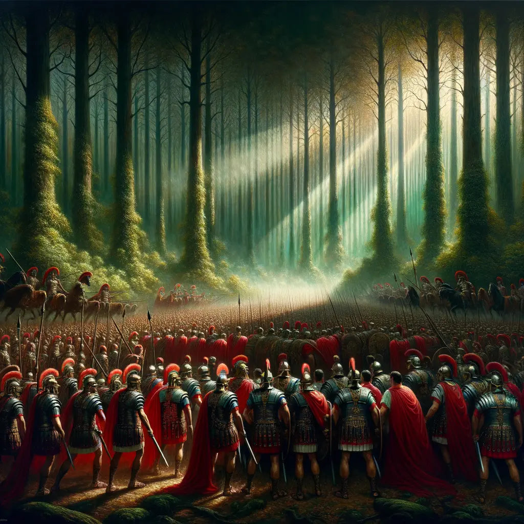 Roman soldiers in formation in a dense Germanic forest, depicting the tension of the Battle of the Teutoburg Forest in a cinematic 1960s style.