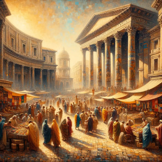 Ancient Roman city square bustling with merchants and philosophers, reflecting Apostle Paul's vibrant journeys, in the style of 1960s historical epics.