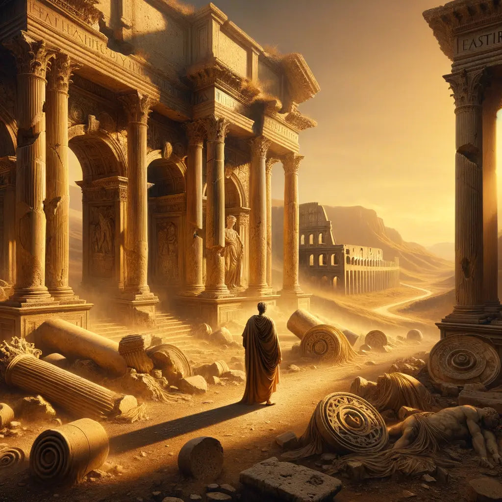 Cinematic painting of crumbling Roman ruins at sunset, symbolizing the decline of the Roman Empire with a philosopher in the foreground, inspired by 1960s historical epics.