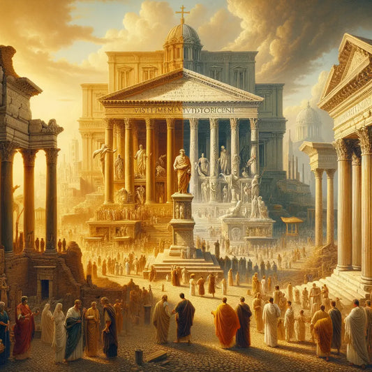 Cinematic illustration of ancient Rome's transition from polytheism to Christianity with symbols of economic and political turmoil, inspired by 1960s historical epics.
