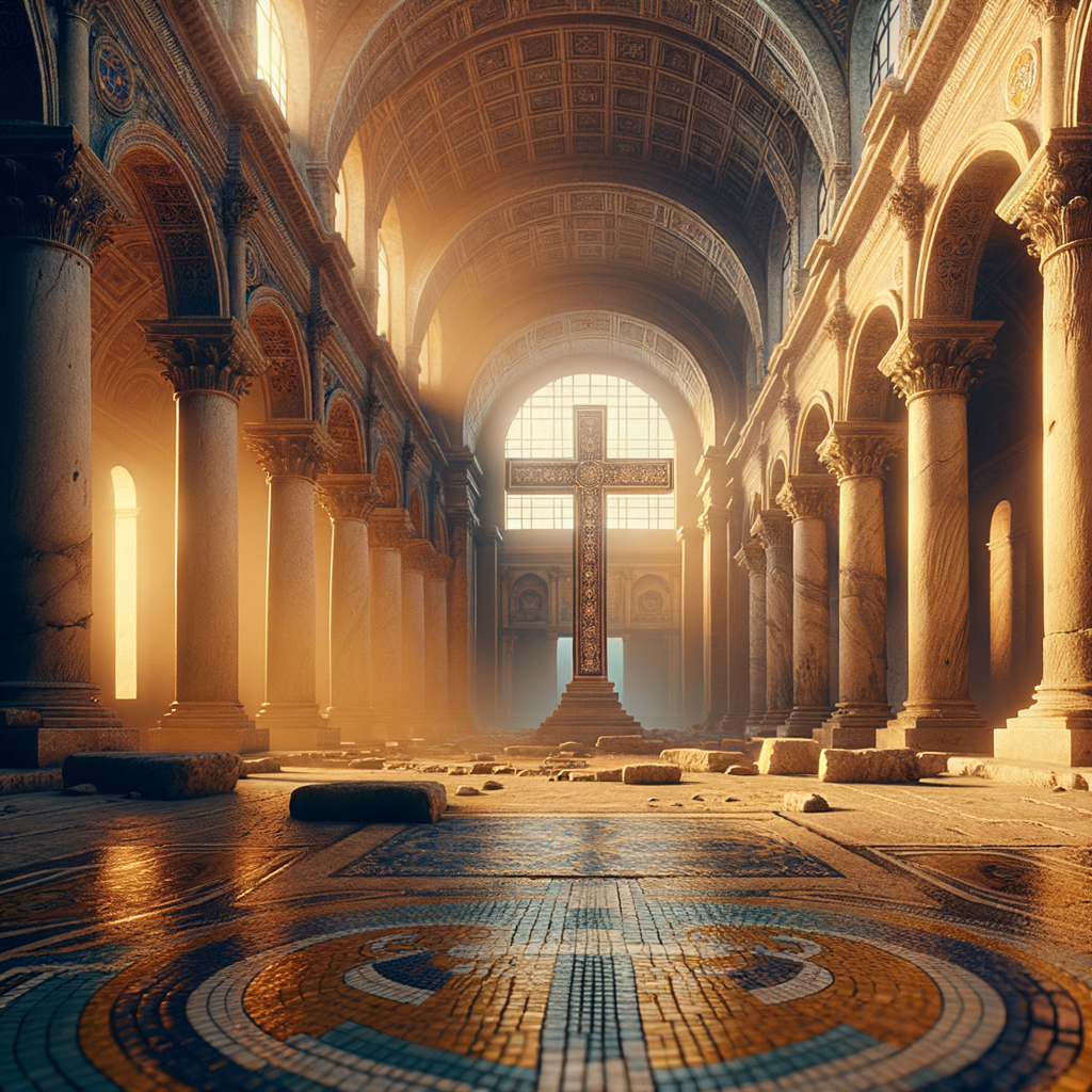 Ancient Roman ruins with a cross and mosaic pattern, denoting the rise of Christianity as the empire wanes, inspired by 1960s historical epic films.