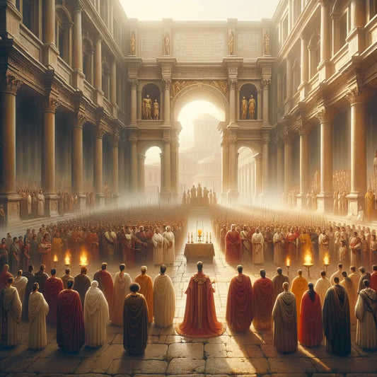 Majestic Roman architecture with columns and arches, soldiers in red cloaks, and diverse religious rituals under golden sunlight, inspired by 1960s historical epic films.