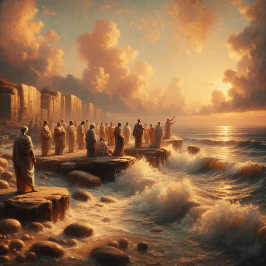An ancient Roman shoreline with waves gently hitting the rocks, symbolizing Stoic philosophy and Cleanthes' concept of divinity in nature, styled after 1960s historical films.