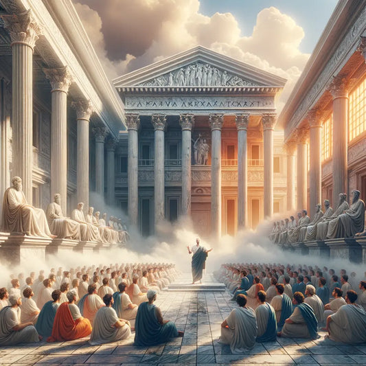 Epictetus engaging with students on a classical Greek street, surrounded by ancient architecture in a style reminiscent of 1960s historical epic films.