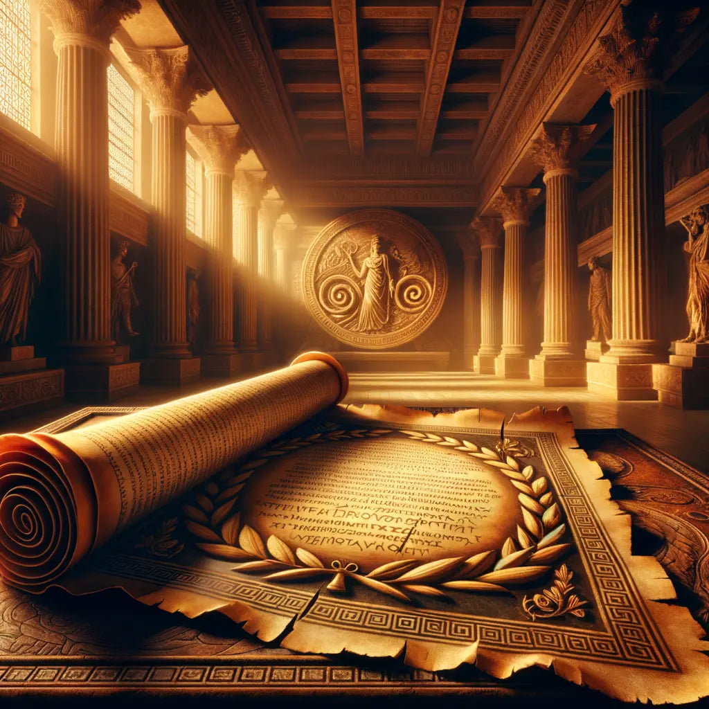 An ancient Greek scroll with philosophical text, flanked by symbols of destiny, in a cinematic style reminiscent of 1960s historical films.