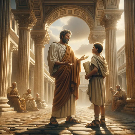 Ancient Roman philosopher guides student under classic archway, symbolizing Stoicism teachings, in a 1960s historical epic style.