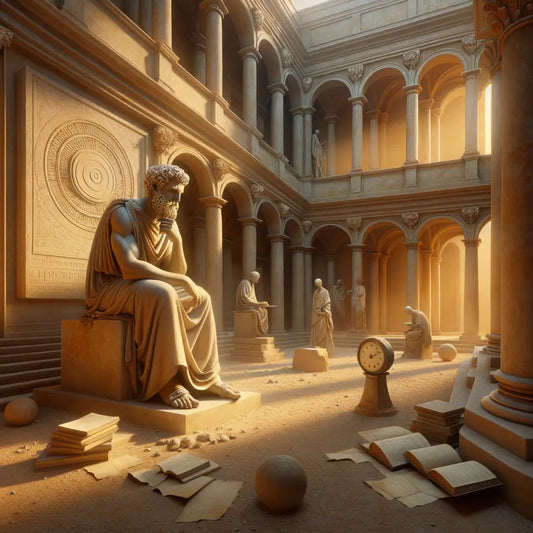 A stoic philosopher in a Roman courtyard, surrounded by symbols of logic and ethics, in a painting style reminiscent of classic 1960s historical films.