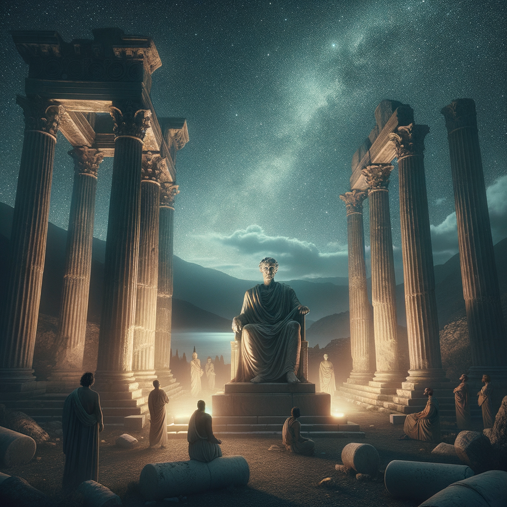 Statue of philosopher under starry sky, reflecting Epictetus' connection to the cosmos in a cinematic 1960s historical epic style.