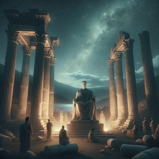 Statue of philosopher under starry sky, reflecting Epictetus' connection to the cosmos in a cinematic 1960s historical epic style.