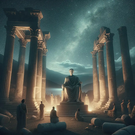 Statue of philosopher under starry sky, reflecting Epictetus' connection to the cosmos in a cinematic 1960s historical epic style.