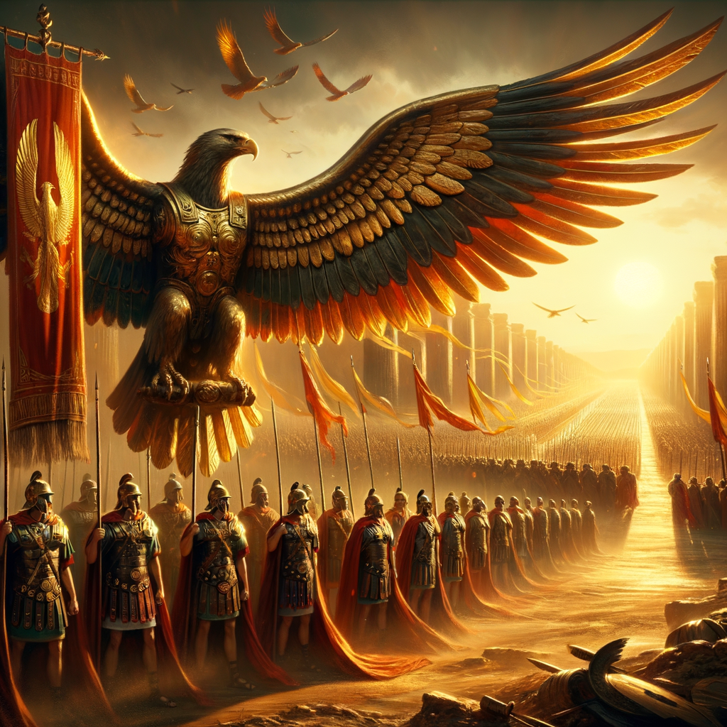 Roman legionary eagle standard with outstretched wings in front of marching soldiers, capturing Roman strength and unity in the style of 1960s historical films.