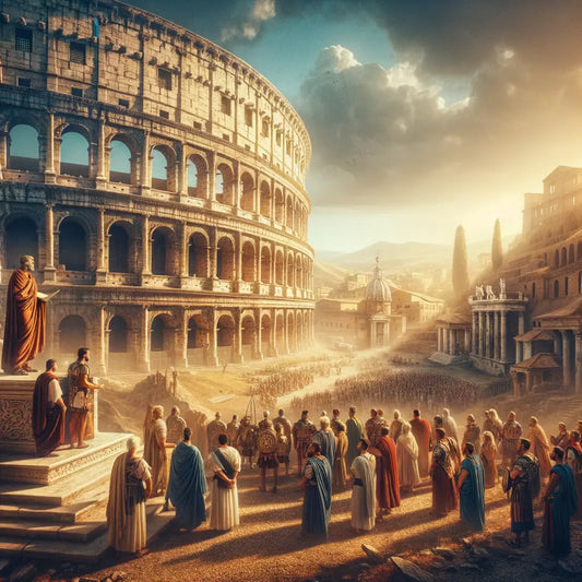 The Roman Colosseum surrounded by citizens and soldiers, framed by a vibrant blue sky, inspired by 1960s historical epics.