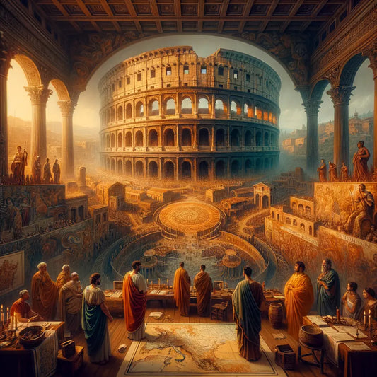 Artistic depiction of the Colosseum with a Roman map signifying transition from the Republic to Empire eras.