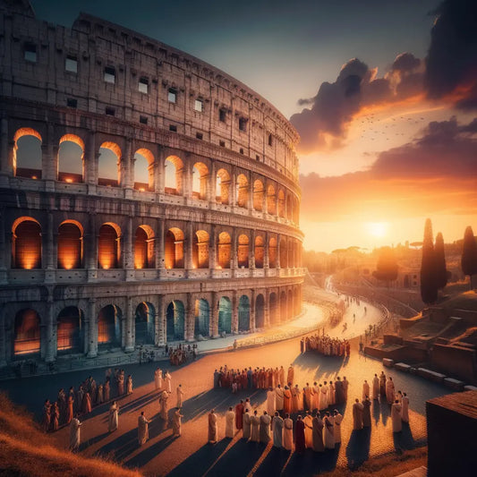 Panoramic view of the Roman Colosseum at sunset with Romans, inspired by 1960s historical epics, showcasing its grandeur and ancient allure.