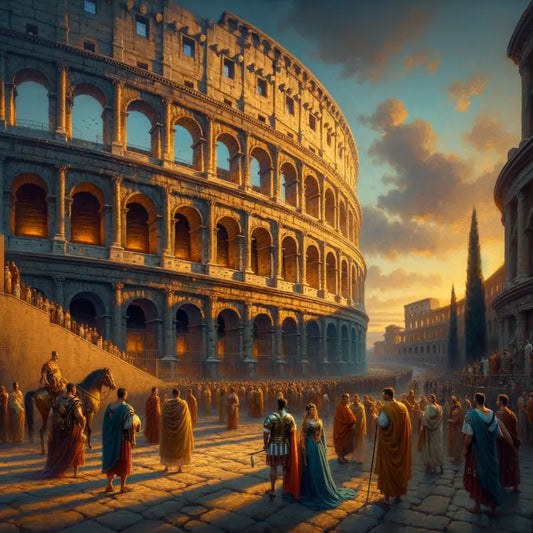 Panoramic view of the ancient Roman Colosseum at dusk with sunset glow, inspired by 1960s historical film style.