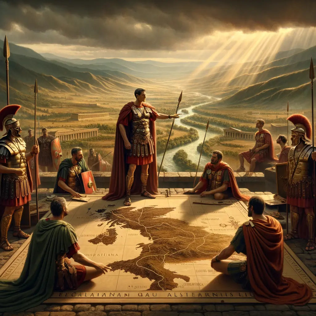Roman officers around a map of ancient Gaul, planning strategic positions with Caesar, in a style inspired by 1960s historical films.