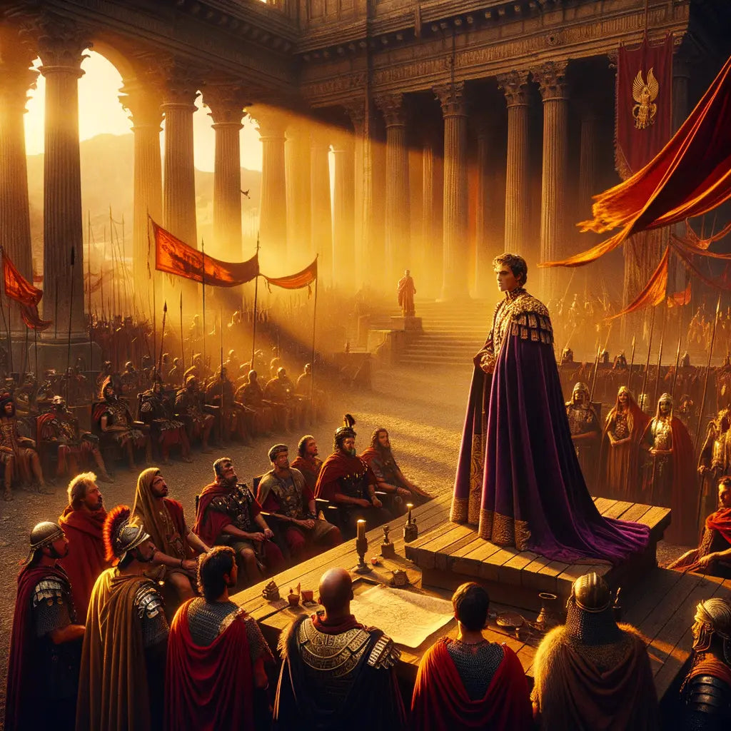 Magnus Maximus, dressed in imperial attire, stands on a platform among Roman officers, surrounded by military and political elements, inspired by 1960s historical epic films.