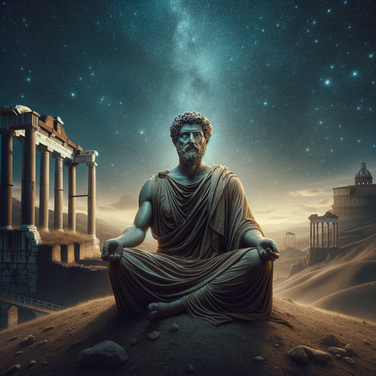 Marcus Aurelius meditating under a starlit sky, with distant Roman architecture silhouetted against the night, capturing the serene essence of Stoicism in a style inspired by 1960s historical films.