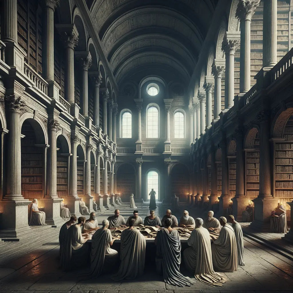 Roman philosophers in togas engage in deep conversation amidst scrolls in an ancient library, evoking classic 1960s historical film style.