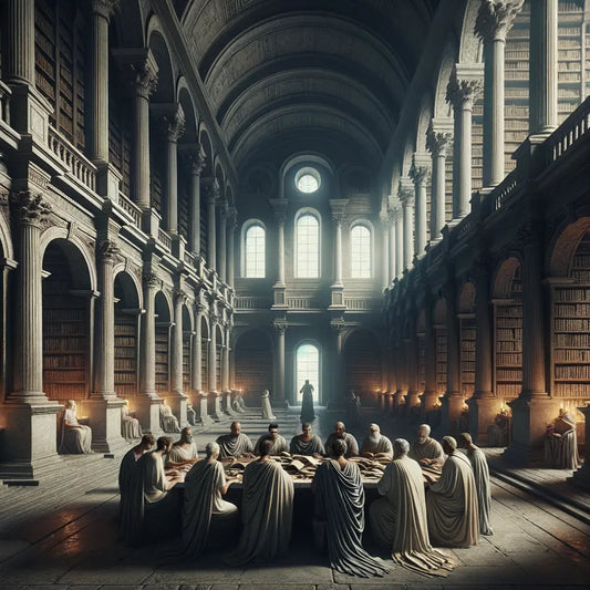 Roman philosophers in togas engage in deep conversation amidst scrolls in an ancient library, evoking classic 1960s historical film style.