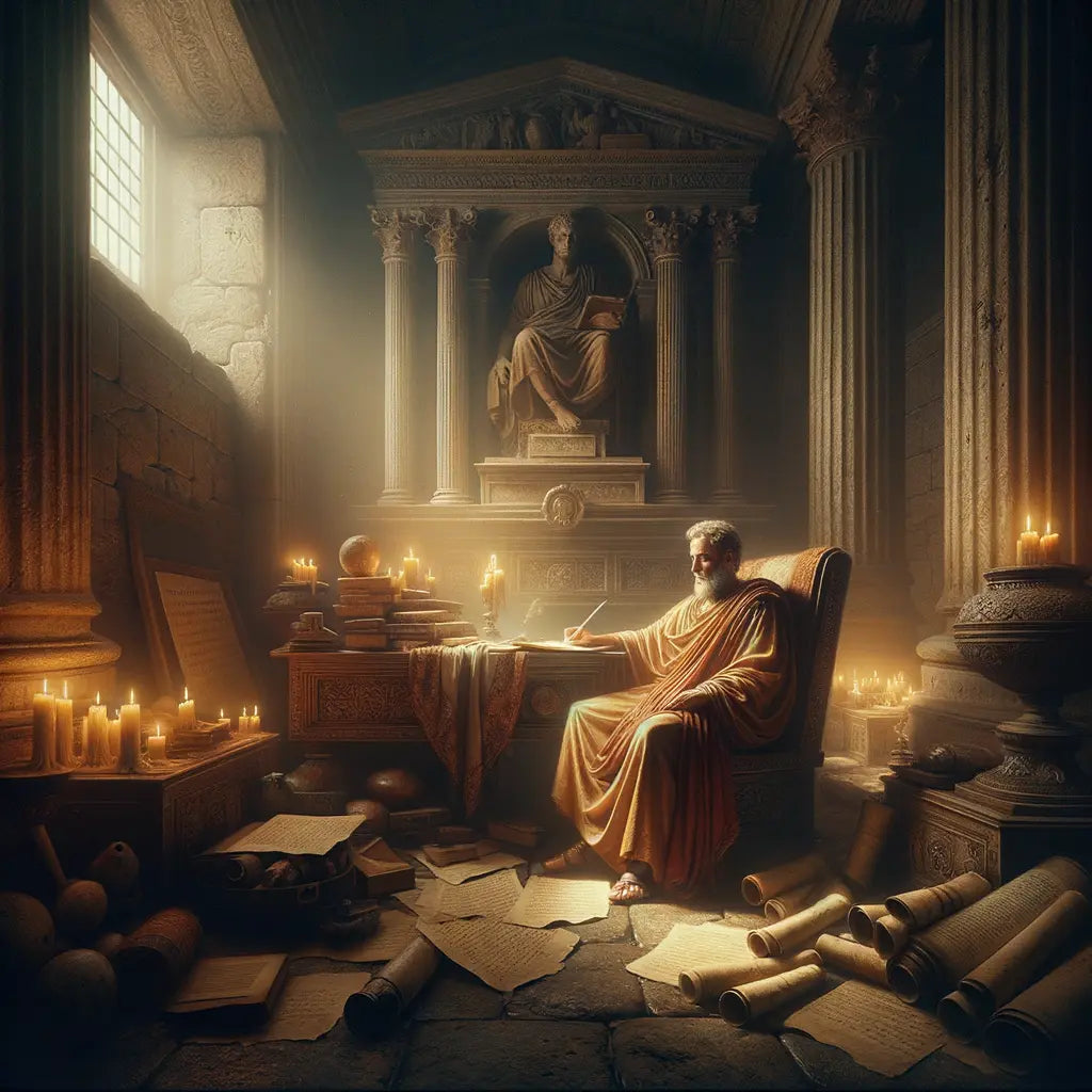 Marcus Aurelius in a philosopher's robe, reading in a candlelit Roman study, surrounded by scrolls in a style inspired by 1960s historical epics.