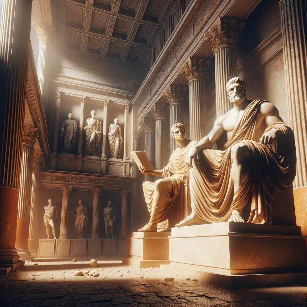 Statues of Marcus Aurelius and Epictetus amidst Roman architecture, inspired by classic historical films.