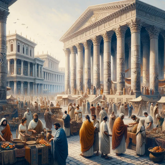 A vivid depiction of ancient Rome with architecture and people reflective of the historical era.