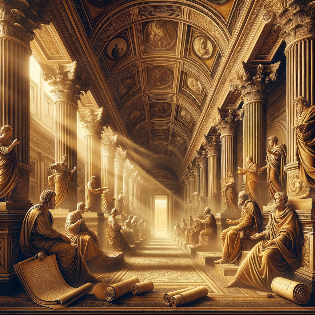 A grand cinematic depiction of a corridor in ancient Rome bathed in golden light, with Roman scholars engaged in philosophical discussions among the columns, inspired by 1960s historical films.