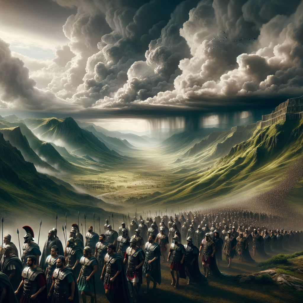 Roman legion in mountainous terrain under dynamic skies