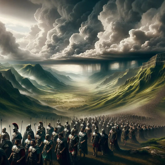 Roman legion in mountainous terrain under dynamic skies