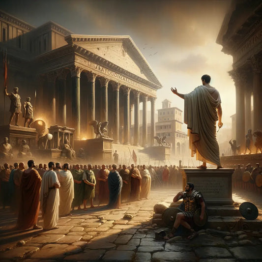Emperor Marcus Aurelius standing heroically amidst Roman architectural marvels, surrounded by advisors and soldiers, evoking the atmosphere of classic historical epics, during times of war and plague.