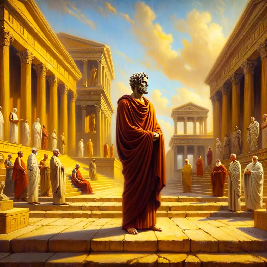 Marcus Aurelius stands in a majestic Roman Forum setting, surrounded by senators and citizens, captured in a cinematic style akin to 1960s historical epics.