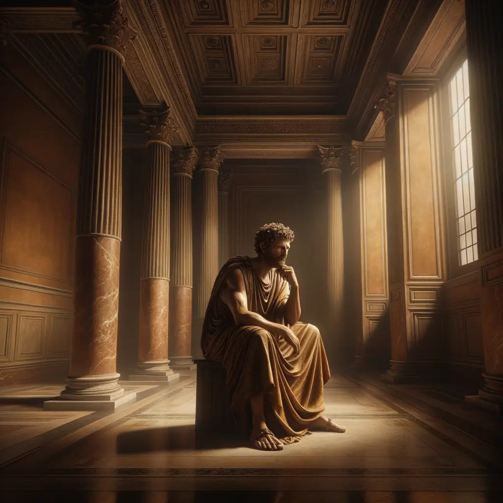 Marcus Aurelius in meditation, seated in a dimly lit Roman chamber with soft light casting shadows, in the style of 1960s historical films.