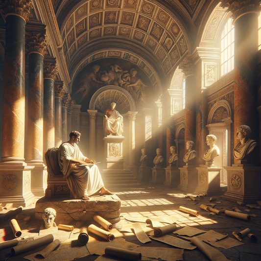 A Roman emperor in a palace chamber, seated in thoughtful solitude surrounded by scrolls, embodying Stoic meditation in a 1960s historical epic style.