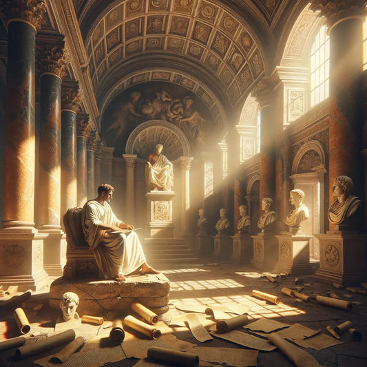 A Roman emperor in a palace chamber, seated in thoughtful solitude surrounded by scrolls, embodying Stoic meditation in a 1960s historical epic style.