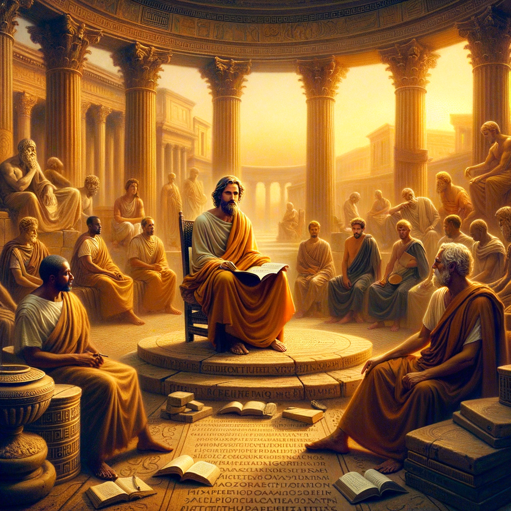 Marcus Aurelius, seated, holding a Greek scroll, surrounded by Greek and Roman cultural symbols, in a cinematic ancient Roman scene.