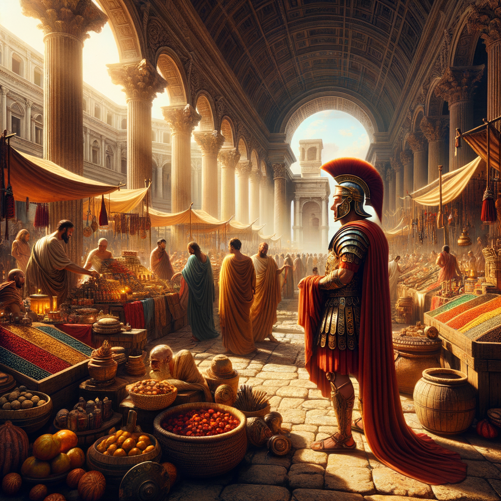 A Roman legionary contemplating buying a sword in a bustling ancient marketplace, surrounded by traders and goods, styled like a 1960s historical epic painting.