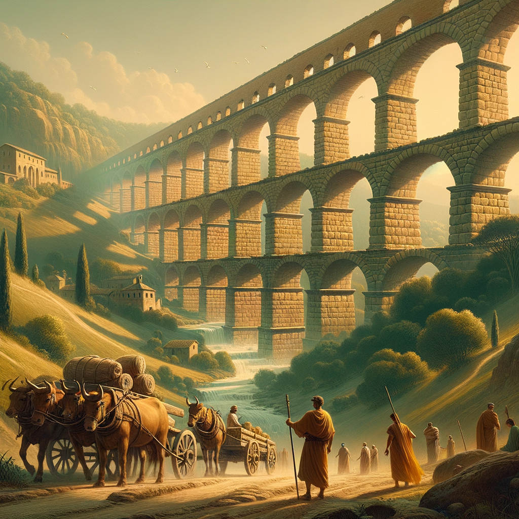 Ancient Roman aqueduct with grand stone arches spanning a lush landscape, with Roman engineers at work, in a style reminiscent of 1960s historical films.