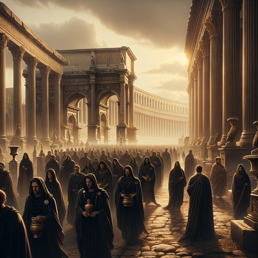 Ancient Roman funeral procession with mourners in dark stolas and togas in a solemn forum setting, inspired by 1960s historical epic films.