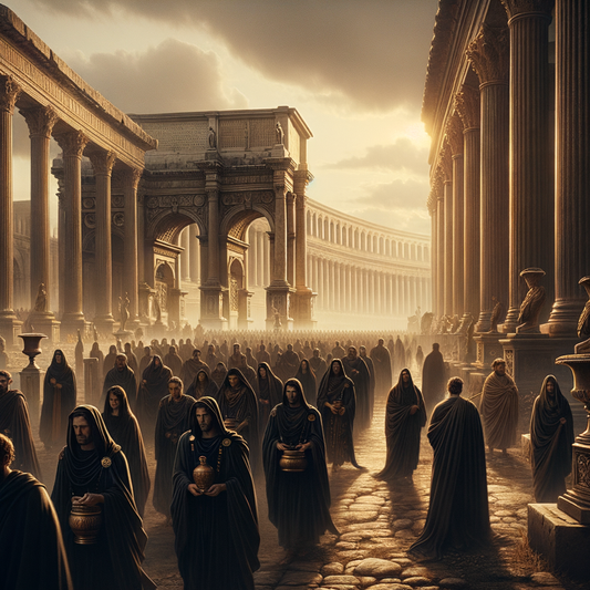 Ancient Roman funeral procession with mourners in dark stolas and togas in a solemn forum setting, inspired by 1960s historical epic films.