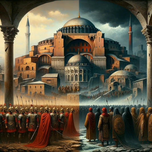 Contrasting scene of Roman soldiers and Ottoman Turks during the fall of the empires, with iconic architectural elements from Roman and Byzantine periods.