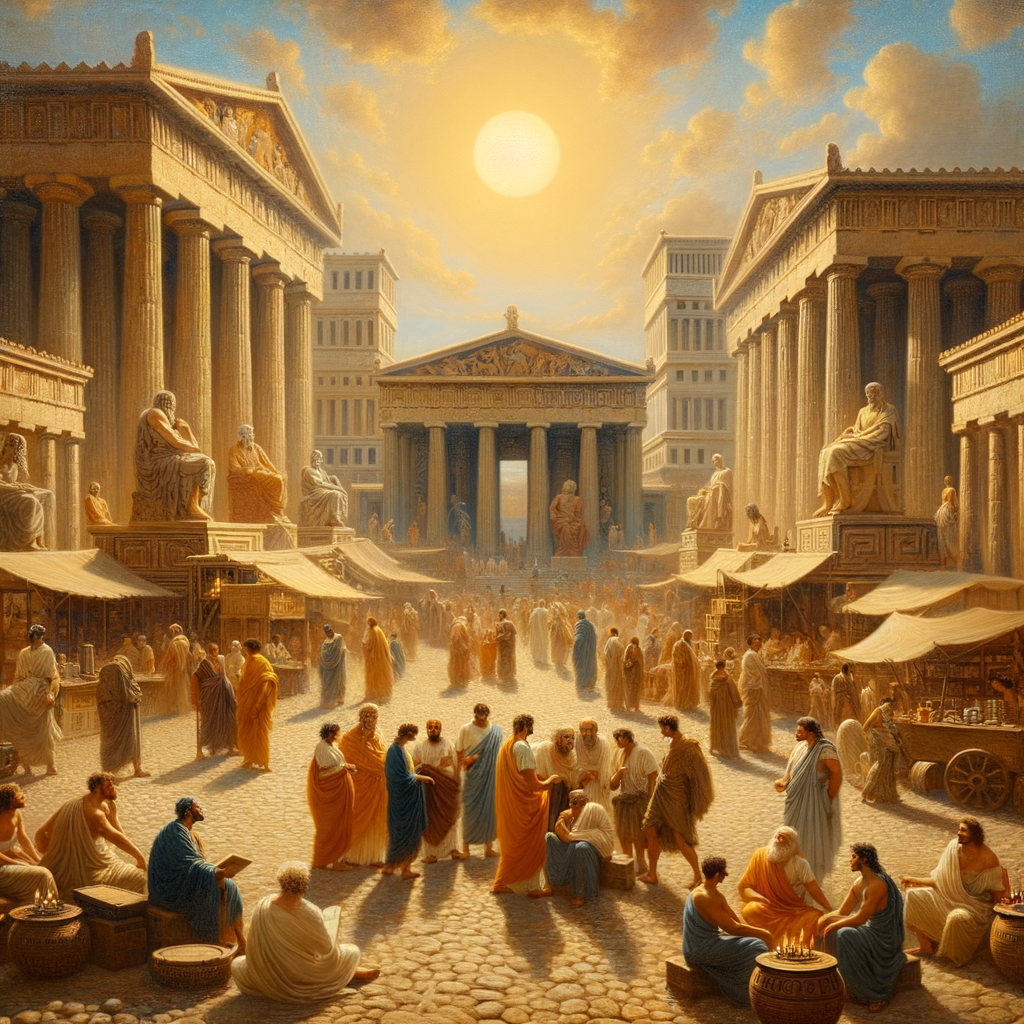 Philosophers in discussion in an ancient Greek marketplace, with classical Greek architecture in the background, styled like a 1960s historical film.