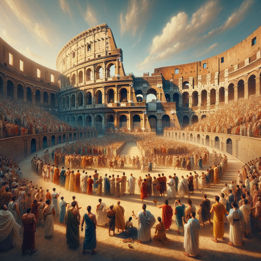 A vibrant painting depicting the Roman Colosseum filled with spectators in ancient times, showcasing its grandeur and historic significance.