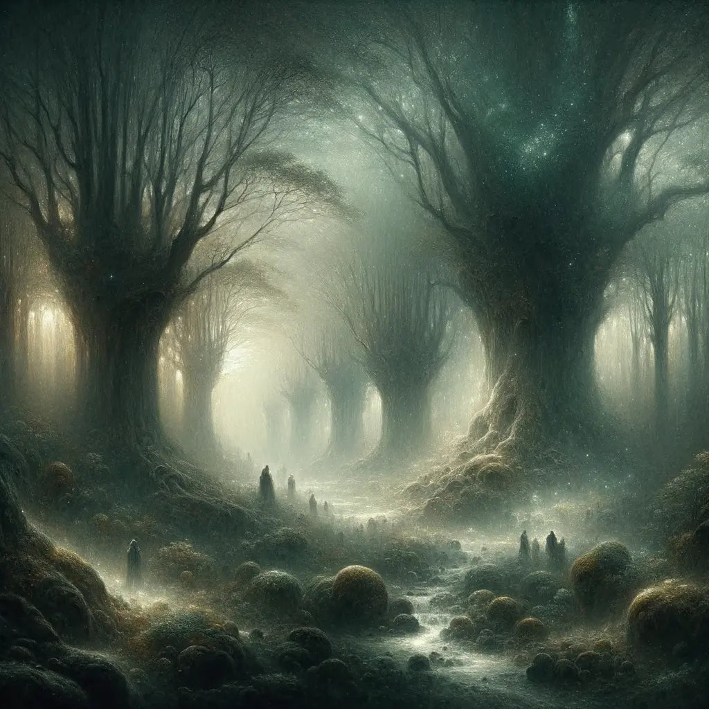 Ethereal figures of gods and goddesses amidst misty trees in an ancient Irish forest, with a mystical atmosphere and soft lighting.